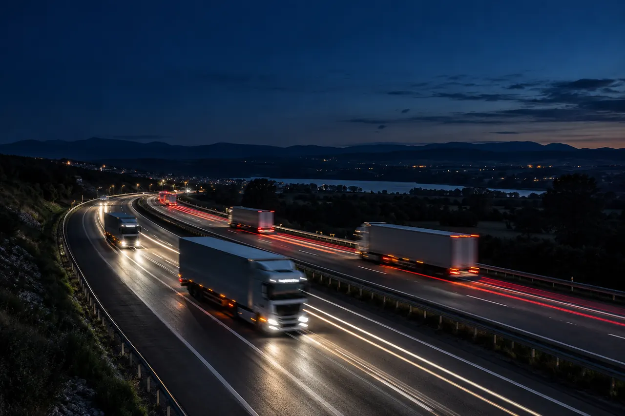 Estelas de luz de camiones en una autopista de noche.