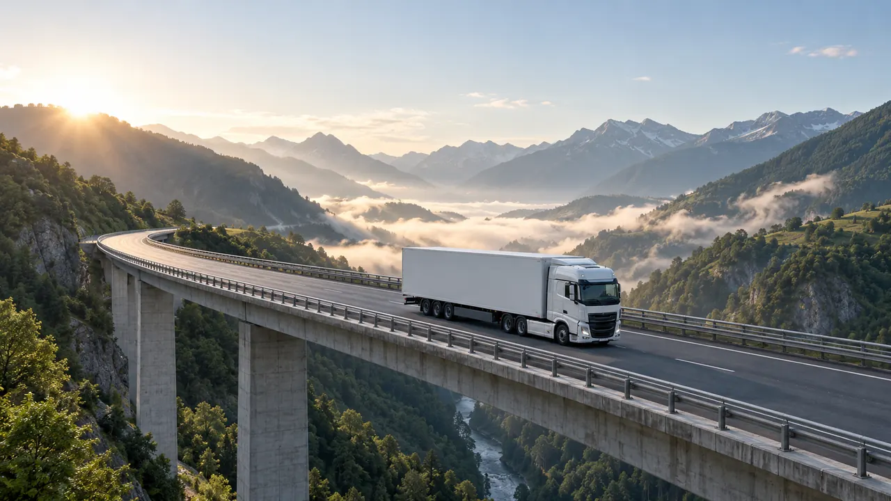 Un camión articulado cruza un viaducto entre montañas verdes cubiertas de niebla baja.